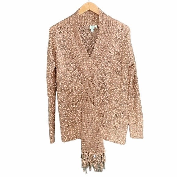 ShuShu Taupe Peach Nubby Boucle Scarf Front Fall Sweater Women’s Size Medium - Picture 2 of 12